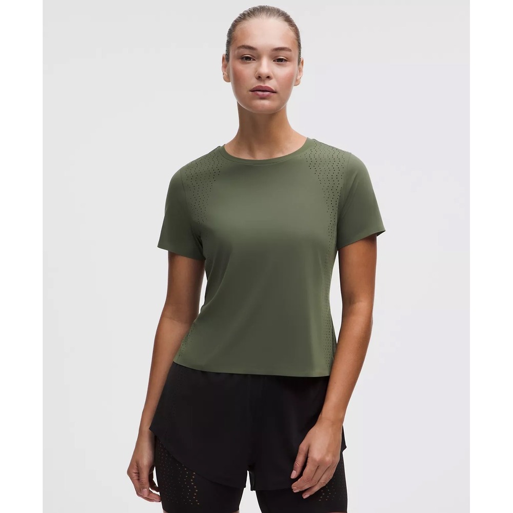 Lululemon Train to Be Short Sleeve Shirt Olive Green Perforated Athletic Top